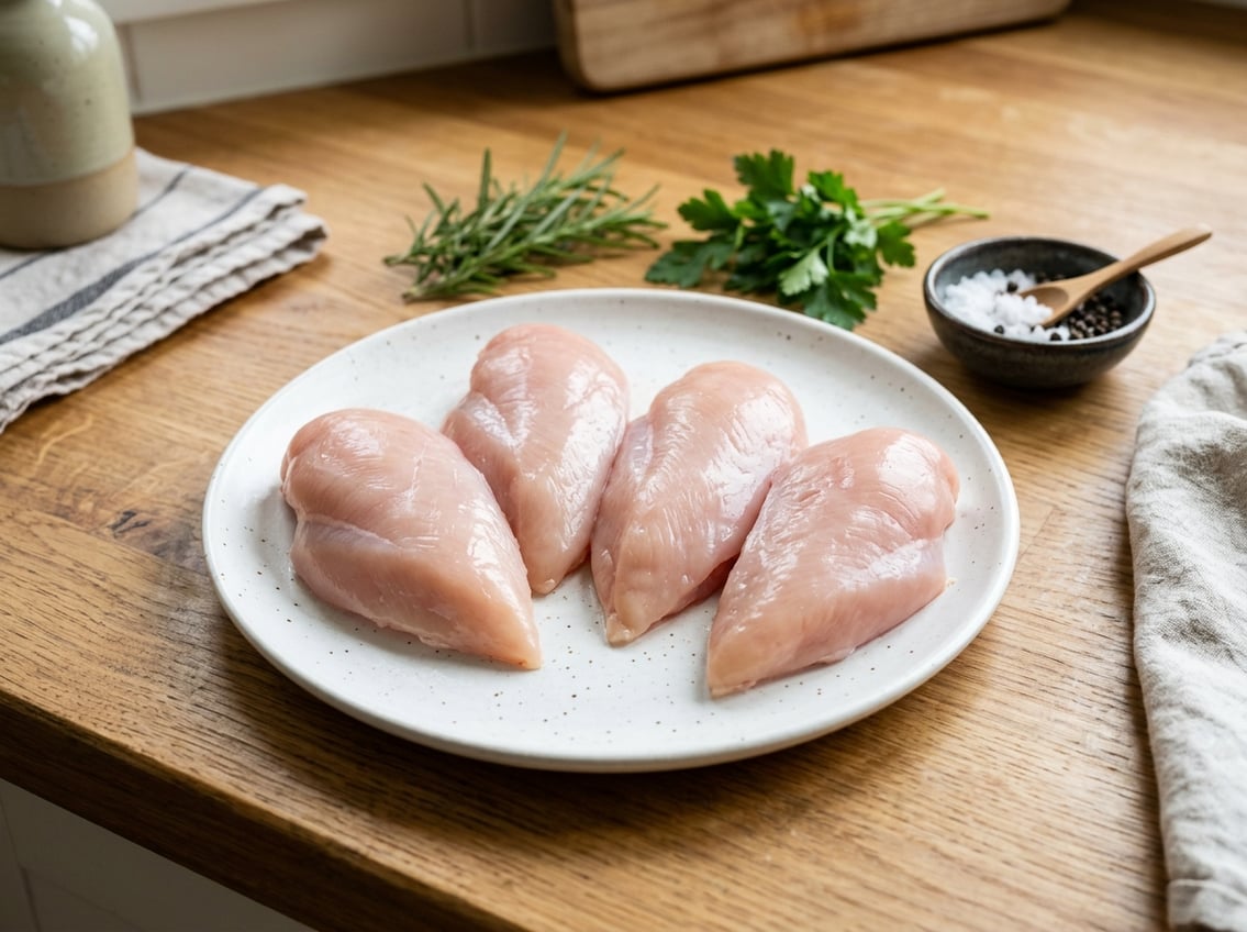 Two raw chicken breast halves on a white plate with fresh herbs and seasonings nearby on a wooden countertop.