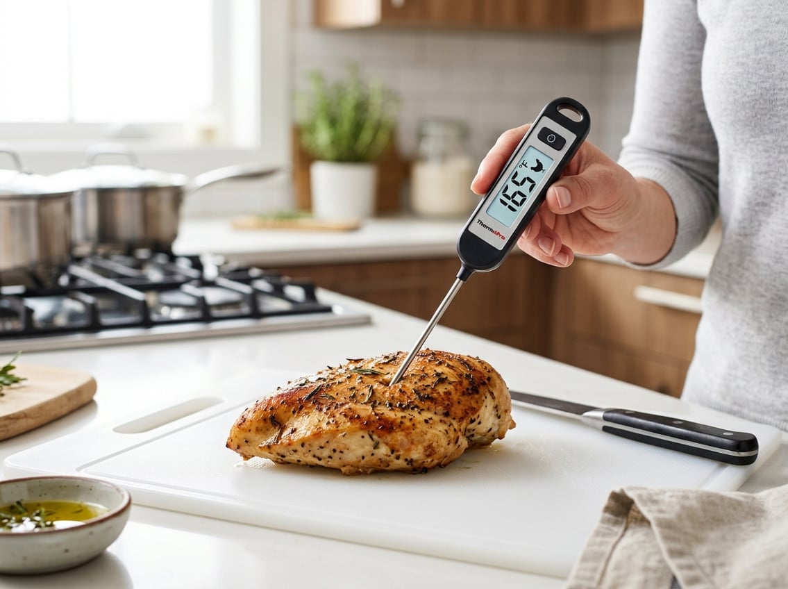 Close-up of a cooked chicken breast with a digital meat thermometer inserted to check its temperature on a white cutting board in a kitchen.