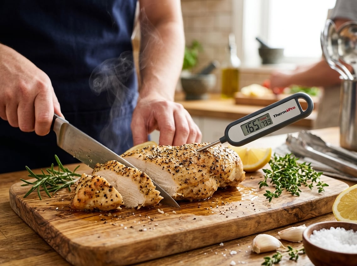 A freshly cooked chicken breast being sliced on a cutting board with a meat thermometer inserted showing the temperature.