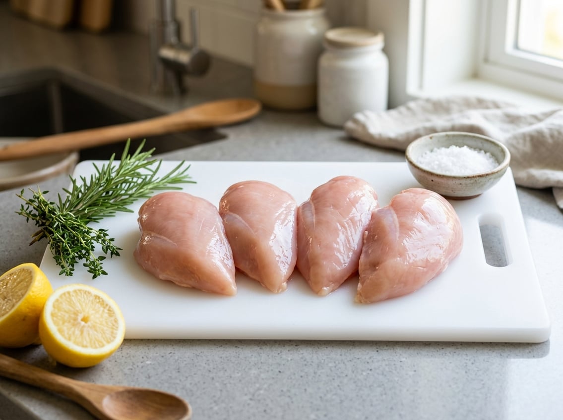 Close-up of raw chicken breast halves on a cutting board with herbs and lemon in a kitchen setting.