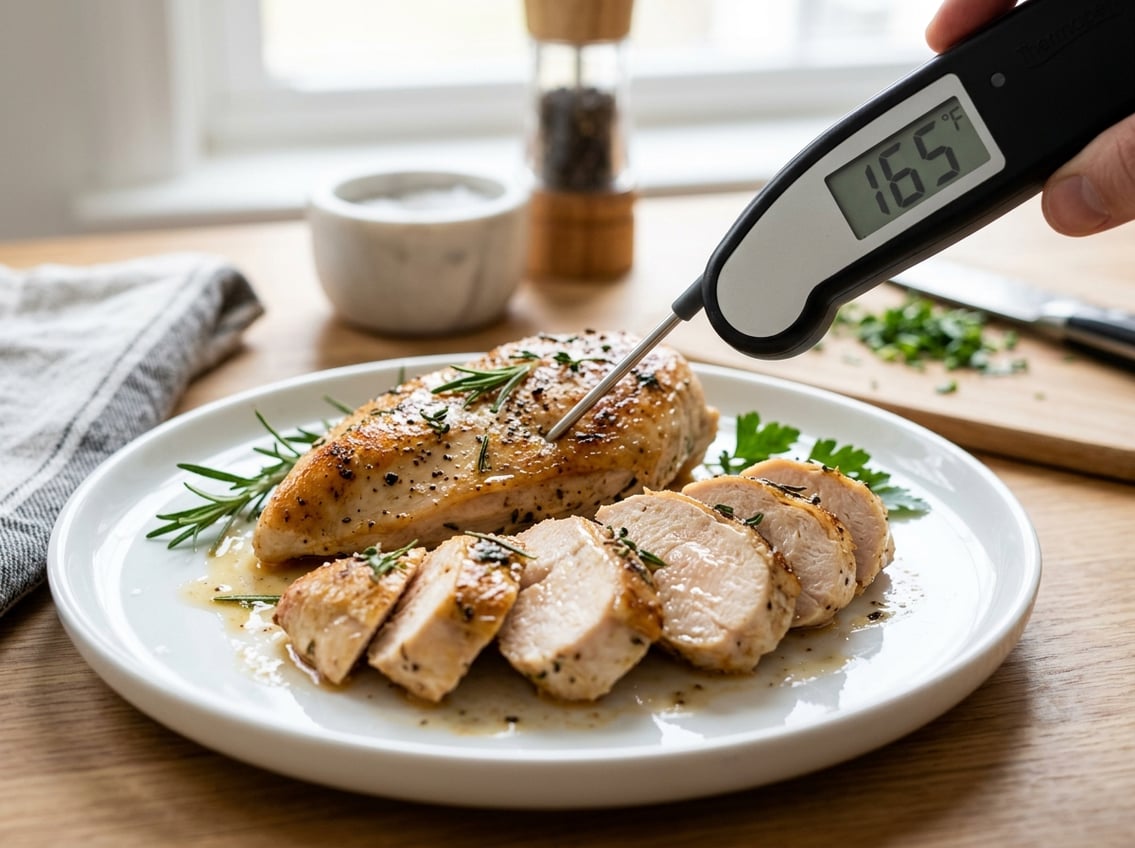 Close-up of a sliced cooked chicken breast on a plate with a digital meat thermometer showing the internal temperature.