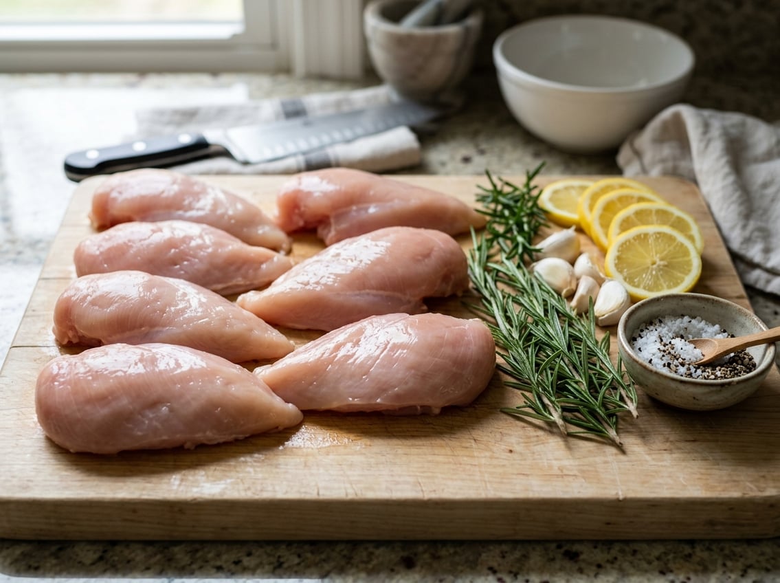 Raw chicken breast halves on a wooden cutting board surrounded by fresh herbs, garlic, lemon slices, and seasoning on a kitchen countertop.