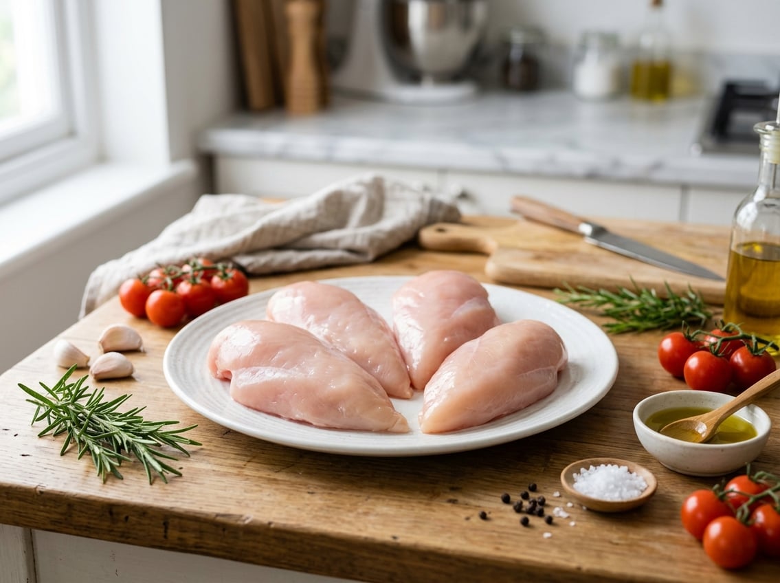 Raw chicken breast halves on a white plate surrounded by fresh herbs, garlic, and tomatoes on a kitchen countertop.