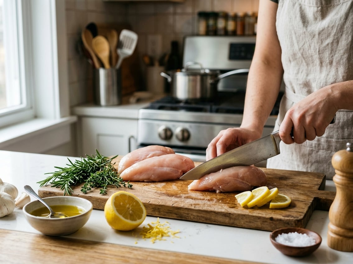 A person slicing raw chicken breasts on a wooden cutting board with fresh herbs, garlic, and lemon on a kitchen countertop.