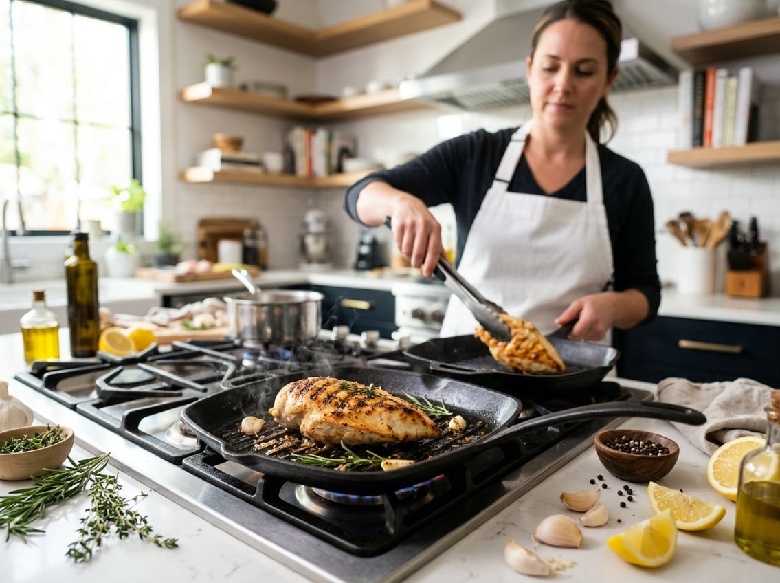 A cooked chicken breast being grilled in a pan with fresh herbs and lemon wedges nearby in a bright kitchen.