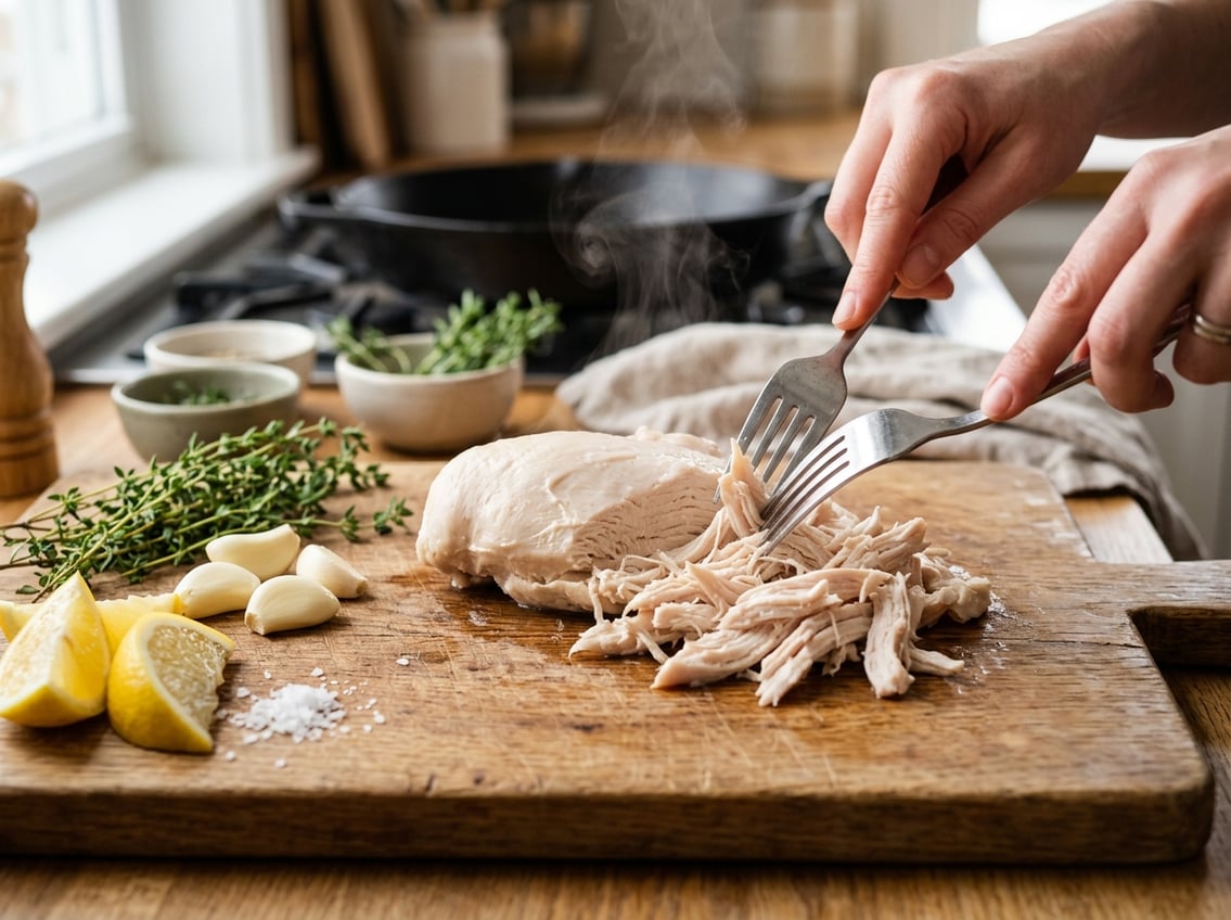 Close-up of shredded cooked chicken breast on a wooden cutting board with fresh herbs and lemon wedges nearby.