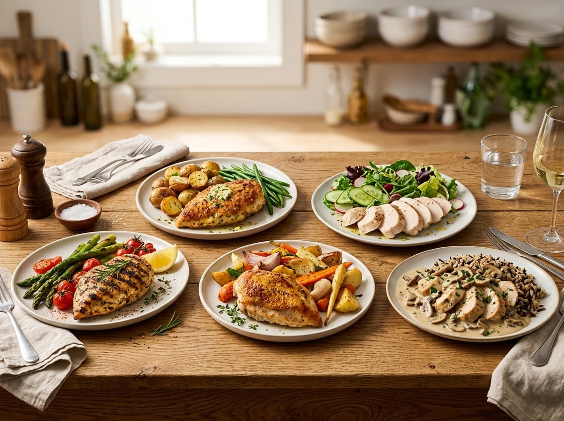 Several plates of cooked chicken breast dishes arranged on a wooden table with fresh herbs and vegetables.