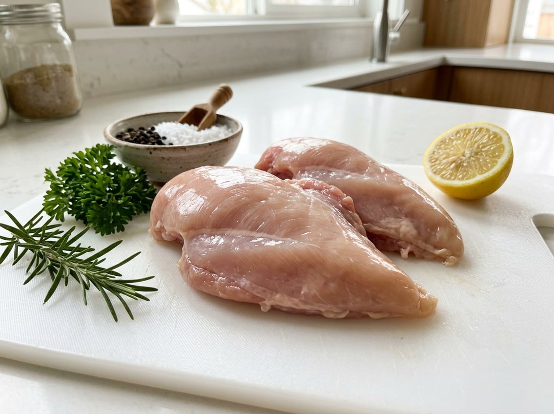 Close-up of raw chicken breast with rib meat on a cutting board surrounded by herbs, lemon wedge, and spices.