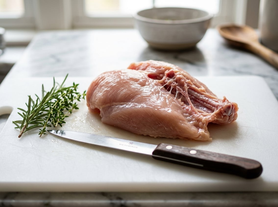 Close-up of raw chicken breast with attached rib meat on a white cutting board with herbs and a kitchen knife nearby.