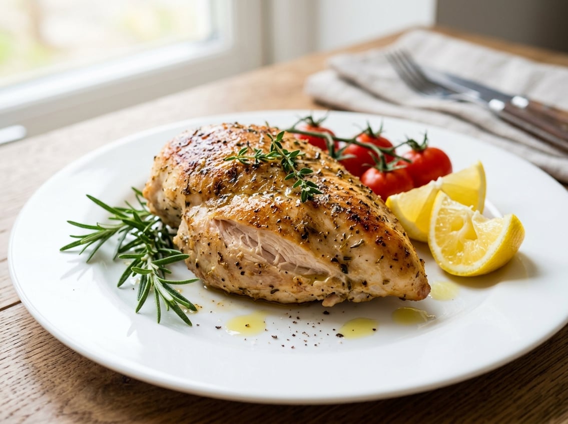 A cooked chicken breast with rib meat on a white plate garnished with fresh herbs and lemon slices.