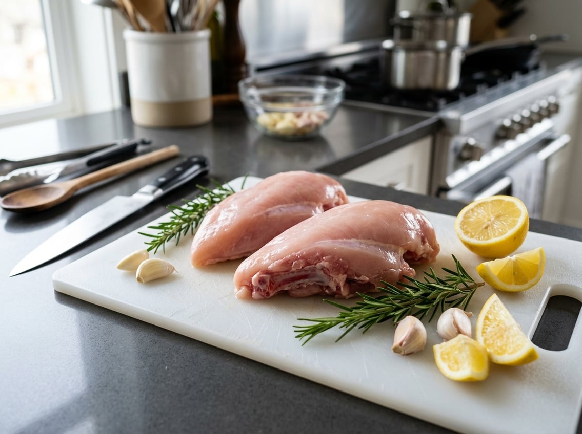 Close-up of raw chicken breasts with rib meat on a cutting board surrounded by fresh herbs and lemon wedges in a kitchen.