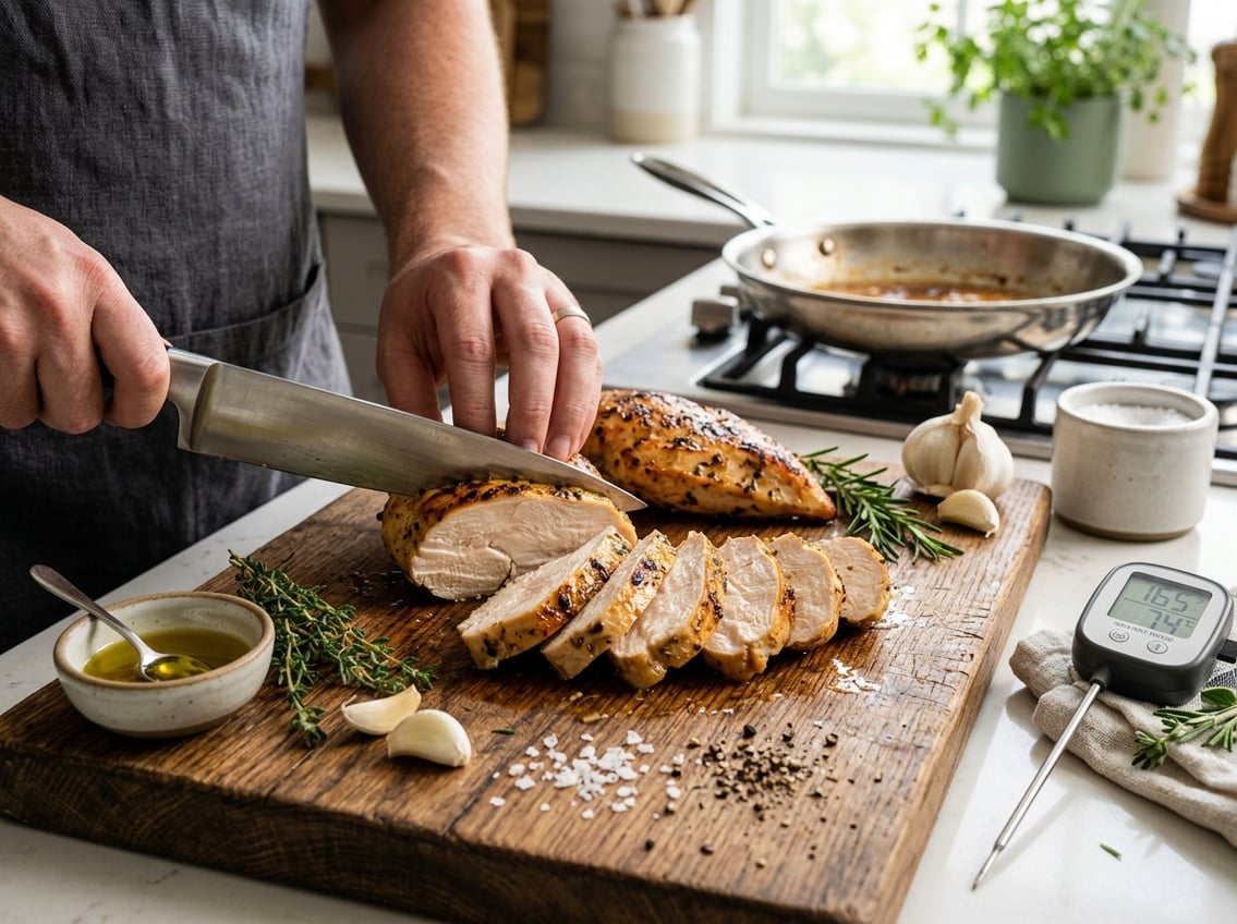 Close-up of sliced cooked chicken breast on a cutting board with fresh herbs and kitchen ingredients in a bright kitchen.