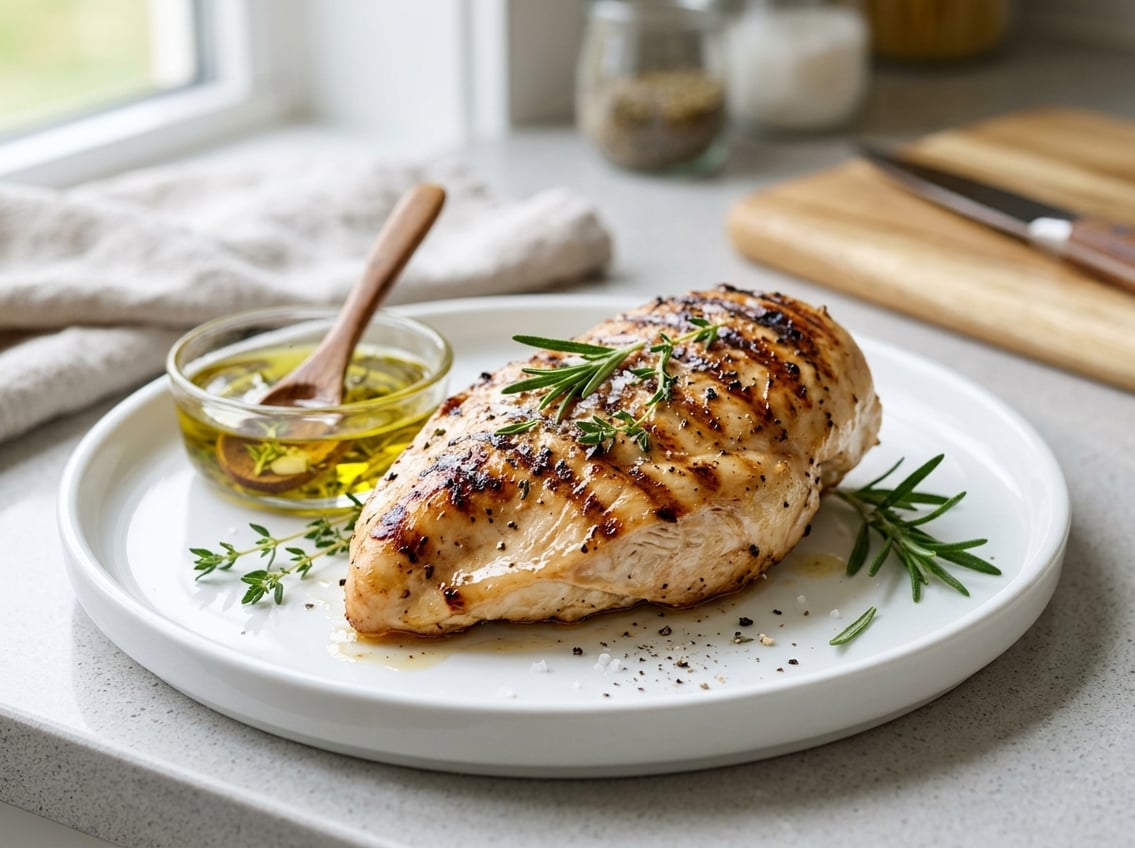 Close-up of a juicy, cooked chicken breast on a plate with fresh herbs and a small dish of olive oil on a kitchen countertop.