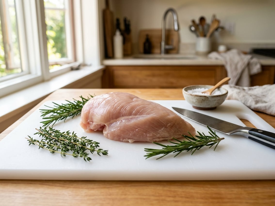 Raw chicken breast on a white cutting board with herbs and a knife in a bright kitchen.