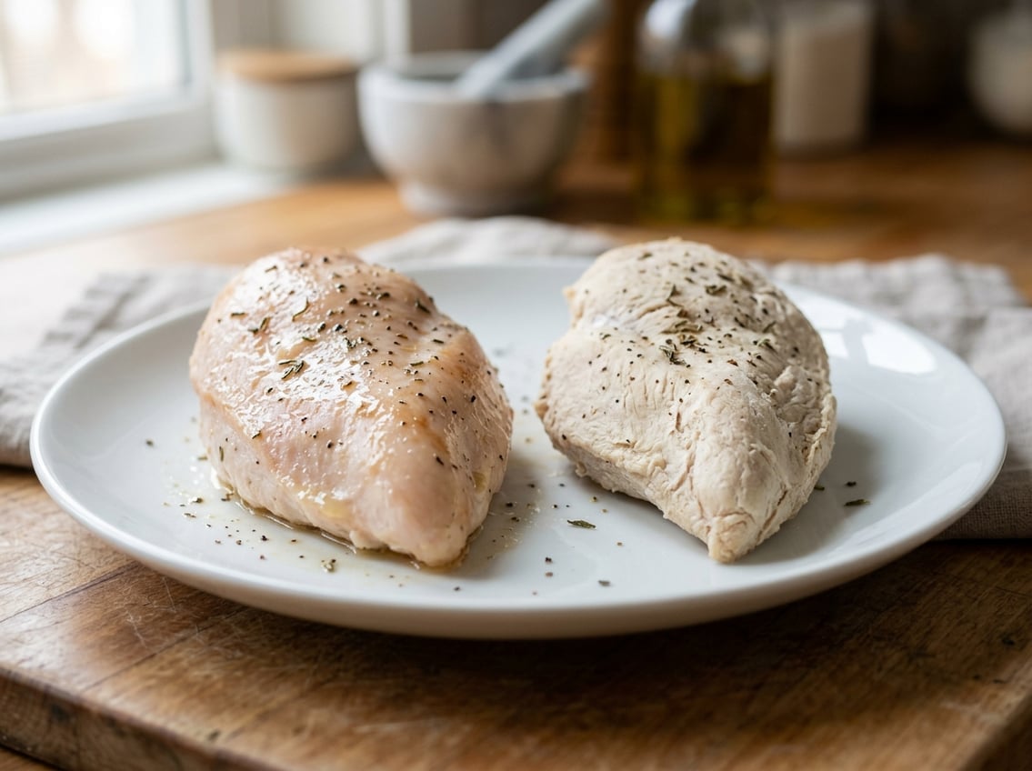 Close-up of two cooked chicken breasts on a white plate, one juicy and tender, the other dry and overcooked.