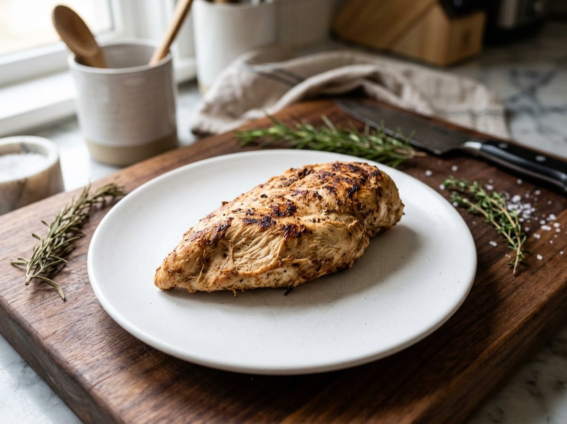 Close-up of a dry, overcooked chicken breast on a white plate with kitchen utensils and herbs in the background.