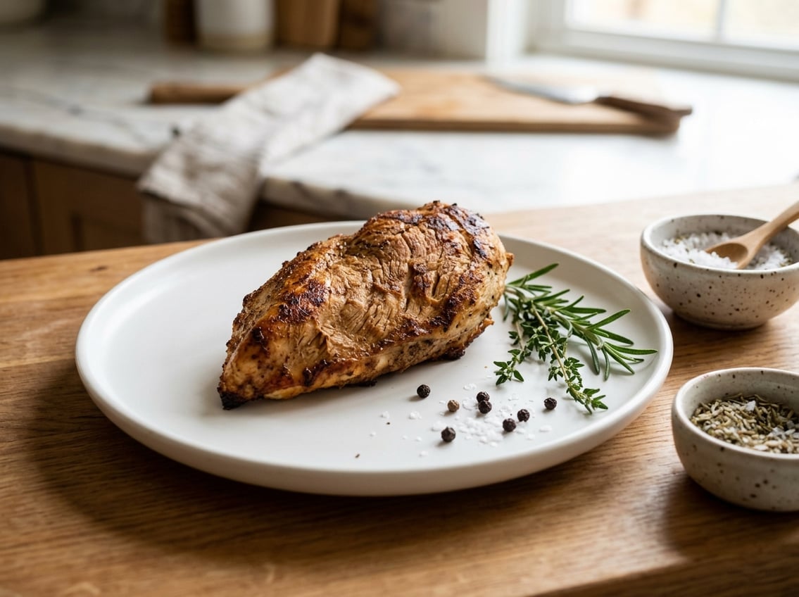 Close-up of a cooked chicken breast on a plate with herbs and seasoning on a kitchen counter.