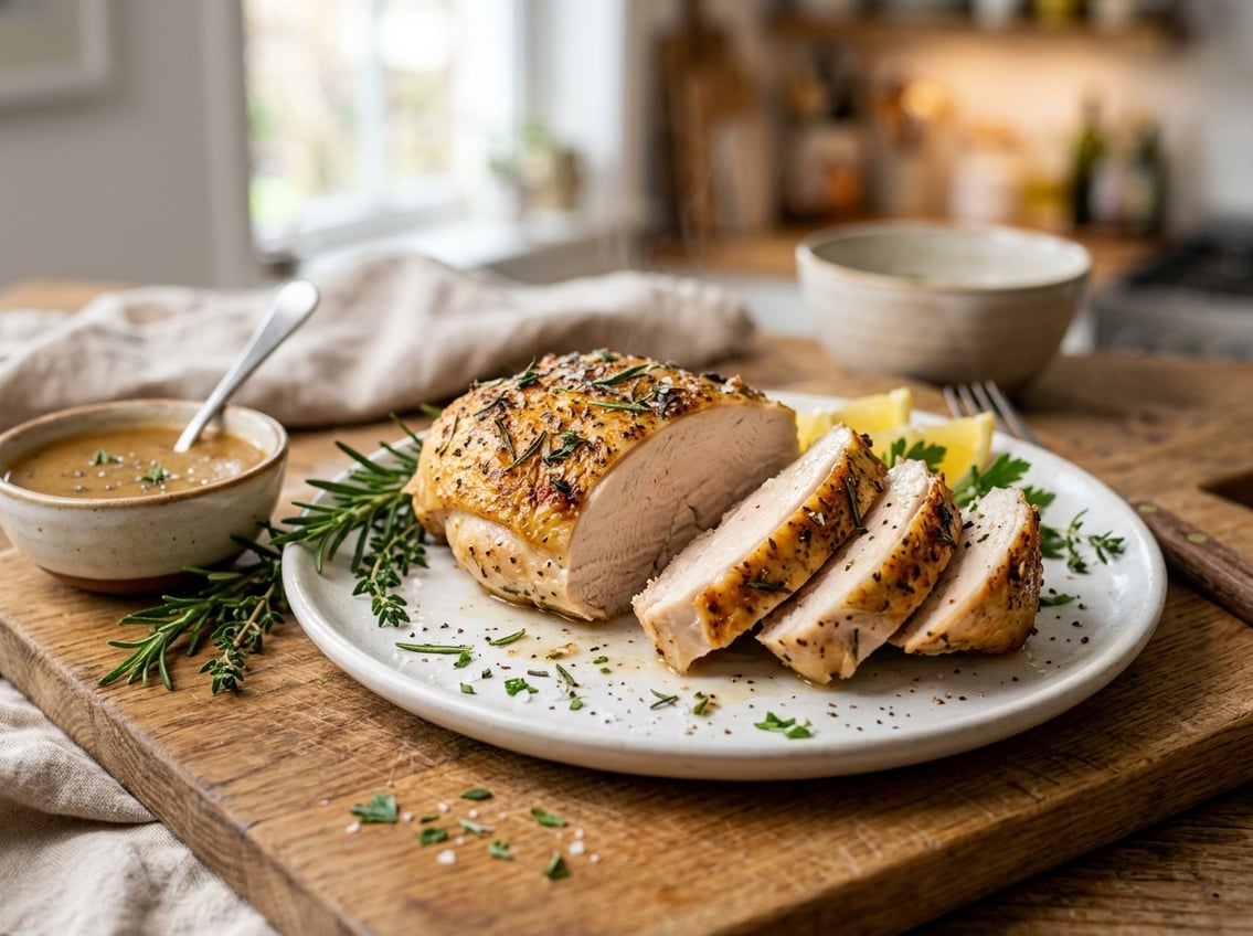 Sliced cooked chicken breast on a plate with fresh herbs and sauce in a kitchen setting.