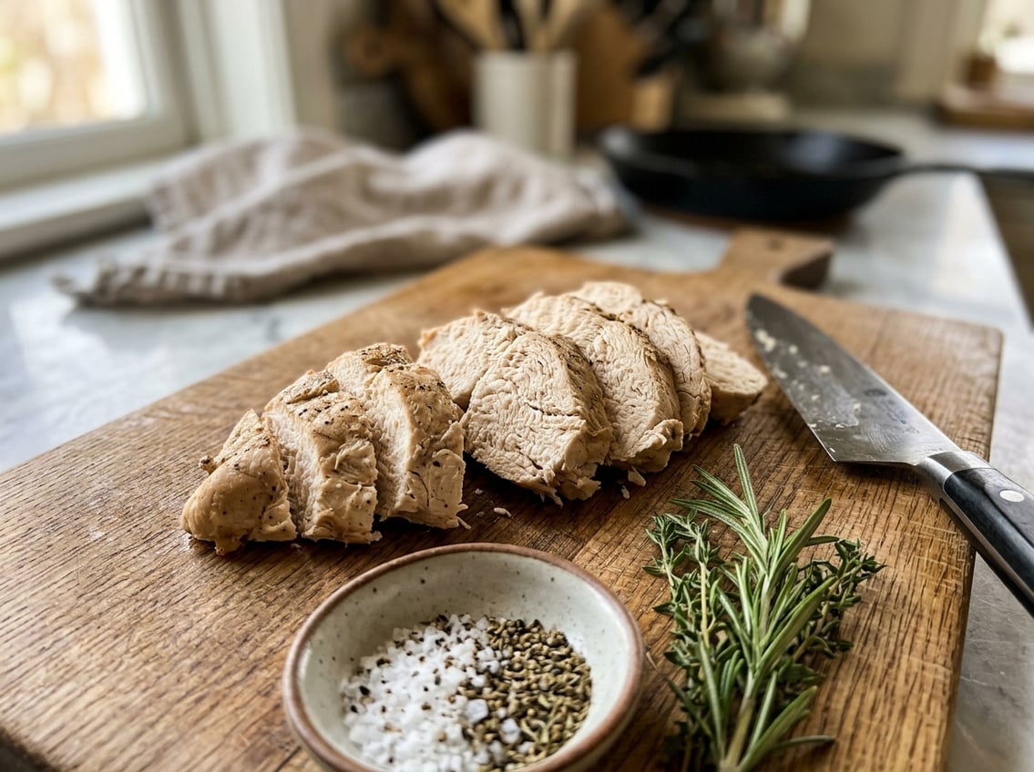 Close-up of sliced cooked chicken breast on a cutting board showing dry texture, with herbs and a knife nearby.