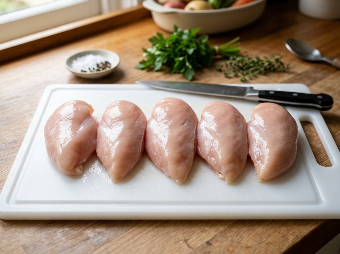 Close-up of raw chicken breasts on a white cutting board with a blurred kitchen background.