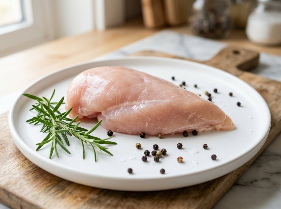 Close-up of a raw chicken breast on a white surface with rosemary and peppercorns around it.