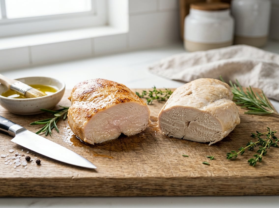 Close-up of two cooked chicken breasts on a cutting board, one moist and golden, the other dry and pale, with herbs and a knife nearby.