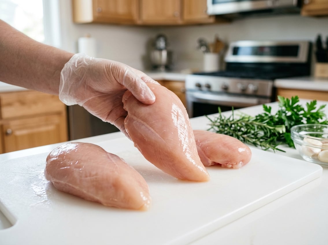 Close-up of fresh raw chicken breasts on a white cutting board with a gloved hand holding one piece in a kitchen.