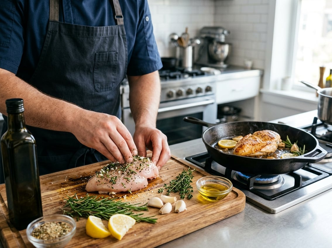 Hands seasoning raw chicken breast with herbs and spices on a cutting board next to fresh ingredients and a skillet cooking chicken on a stovetop.