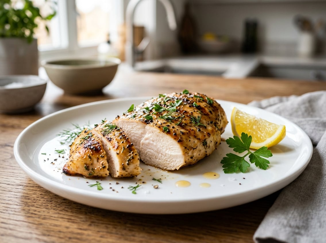 A cooked chicken breast on a white plate garnished with herbs and a lemon wedge.