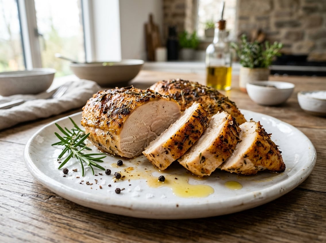 Close-up of a sliced chicken breast on a plate showing tender inside and slightly tough outer texture, garnished with herbs in a kitchen setting.