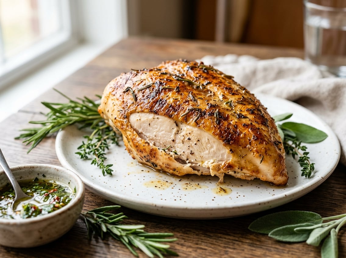 Close-up of a cooked chicken breast with a golden-brown crust on a white plate, garnished with fresh herbs and a small bowl of sauce nearby.