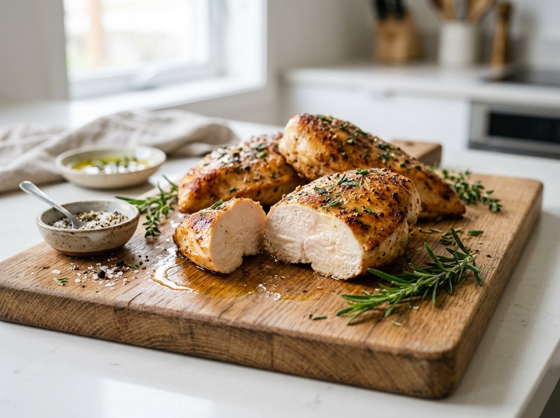 Close-up of sliced golden brown chicken breasts on a wooden cutting board with fresh herbs and seasoning in a kitchen setting.