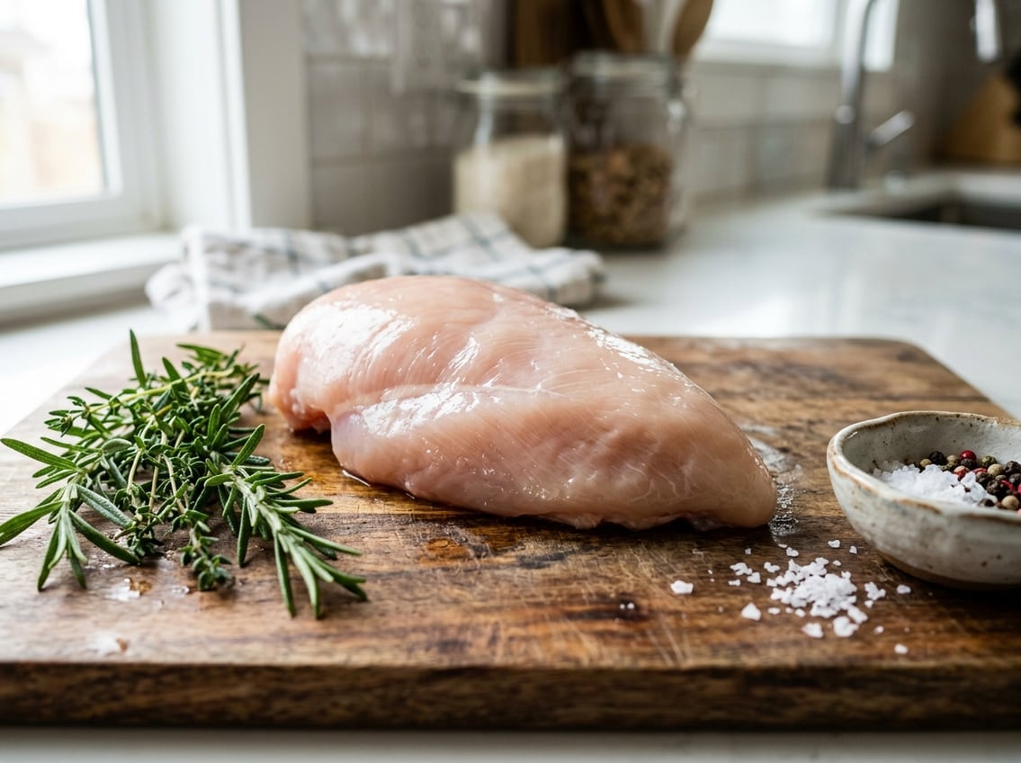 Close-up of a raw chicken breast on a wooden cutting board with fresh herbs and spices around it.