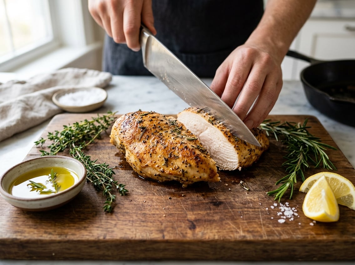 A close-up of a sliced chicken breast on a wooden cutting board with fresh herbs, lemon wedge, and olive oil nearby.