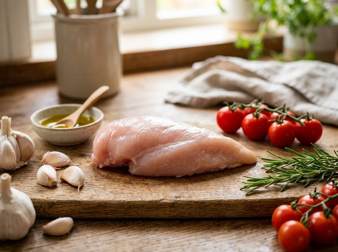 A raw chicken breast on a wooden cutting board surrounded by fresh herbs, garlic, and cherry tomatoes.