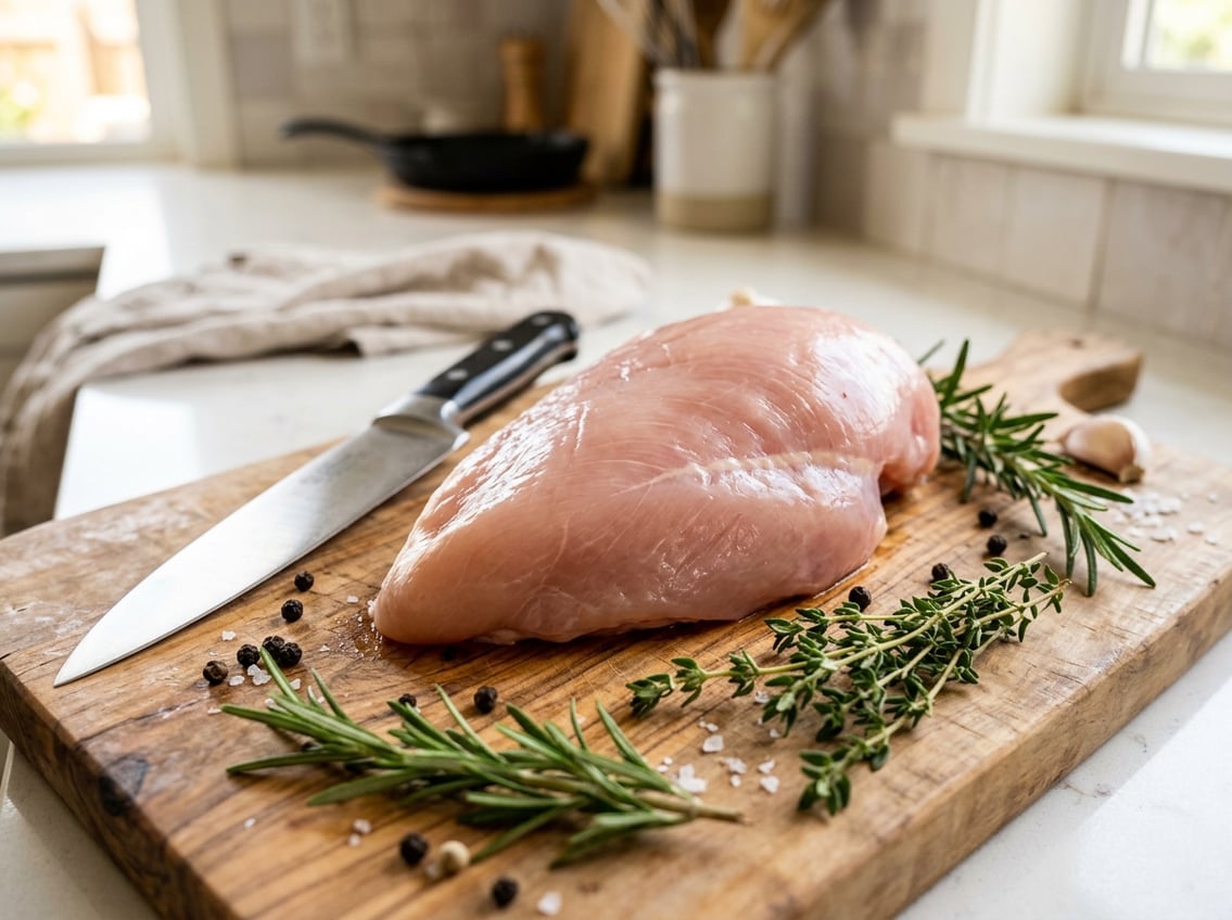 Close-up of a raw chicken breast on a wooden cutting board with fresh herbs and a chef's knife nearby on a kitchen countertop.