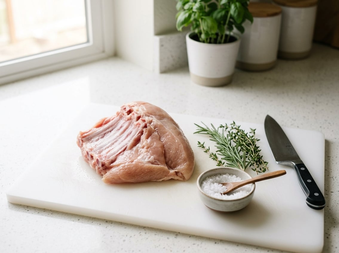 Close-up of a raw chicken breast with ribs on a white cutting board, surrounded by herbs and a knife on a kitchen countertop.