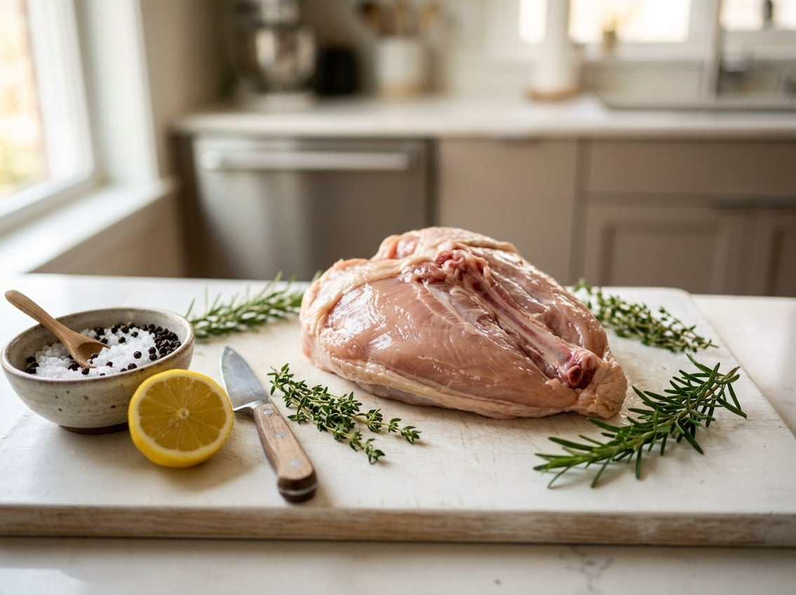 Close-up of raw chicken breast with ribs on a cutting board surrounded by herbs, lemon, and seasoning in a kitchen setting.