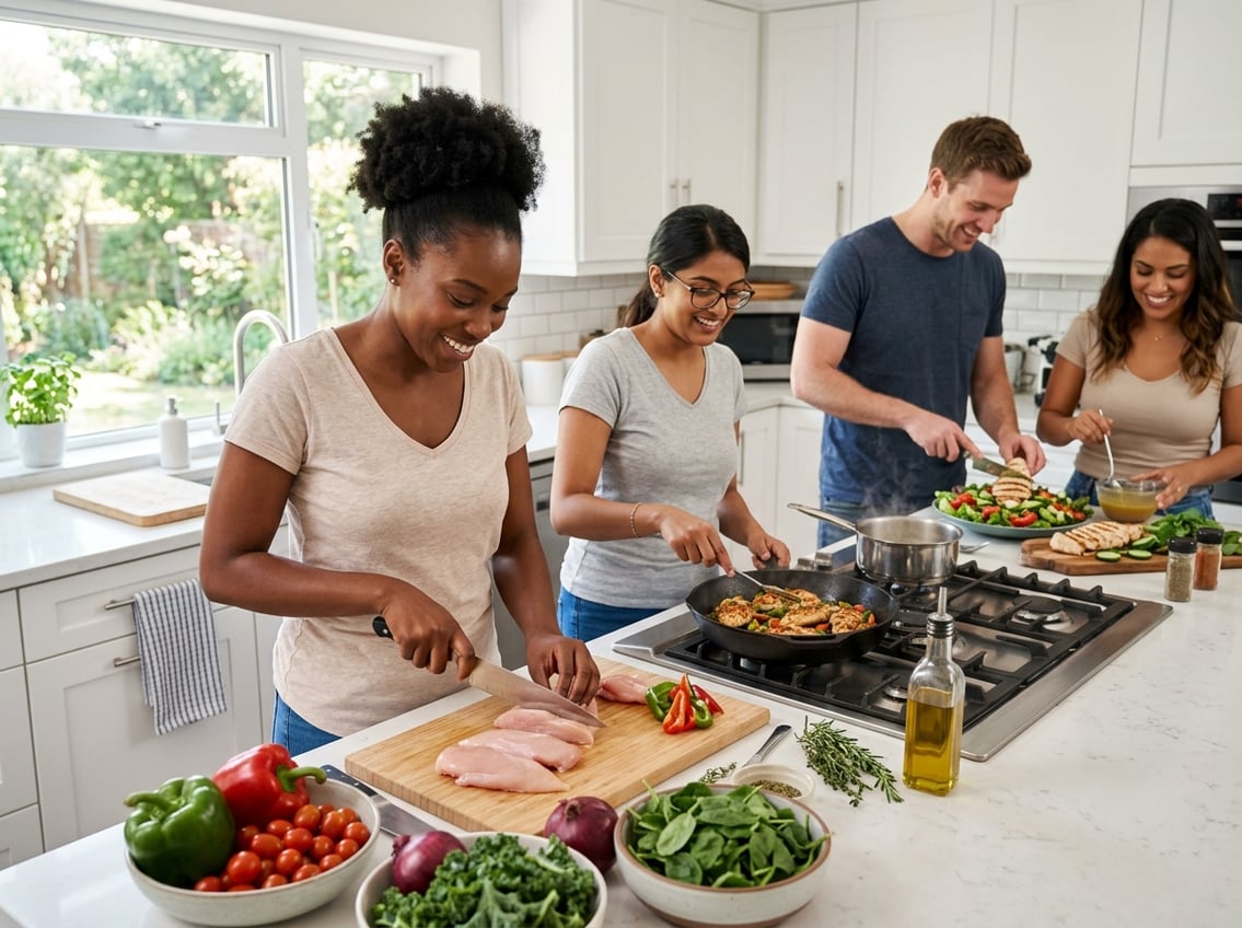 People preparing meals with chicken breast and fresh vegetables in a bright kitchen.