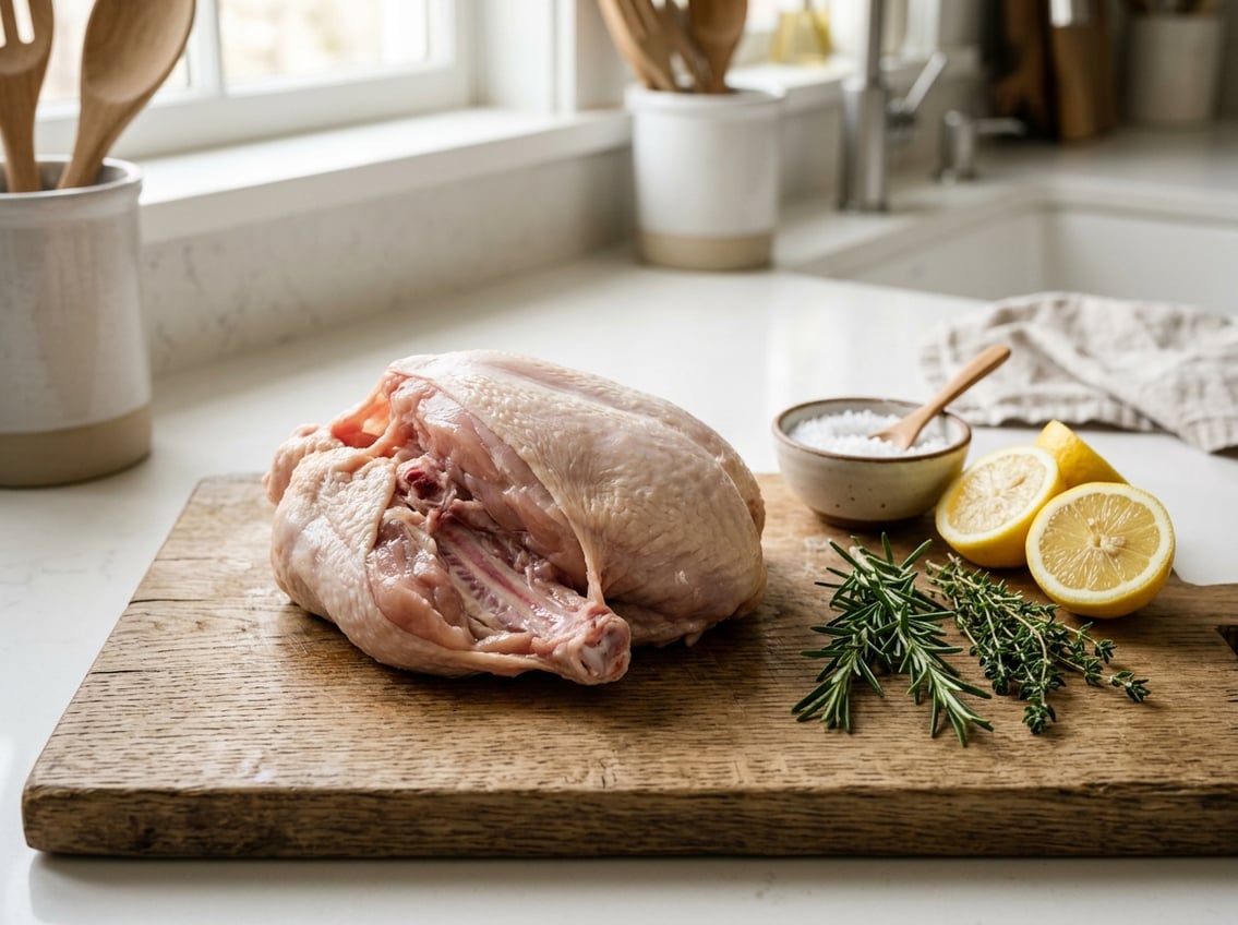 Raw chicken breast with ribs on a wooden cutting board surrounded by herbs, lemon, and salt in a kitchen setting.