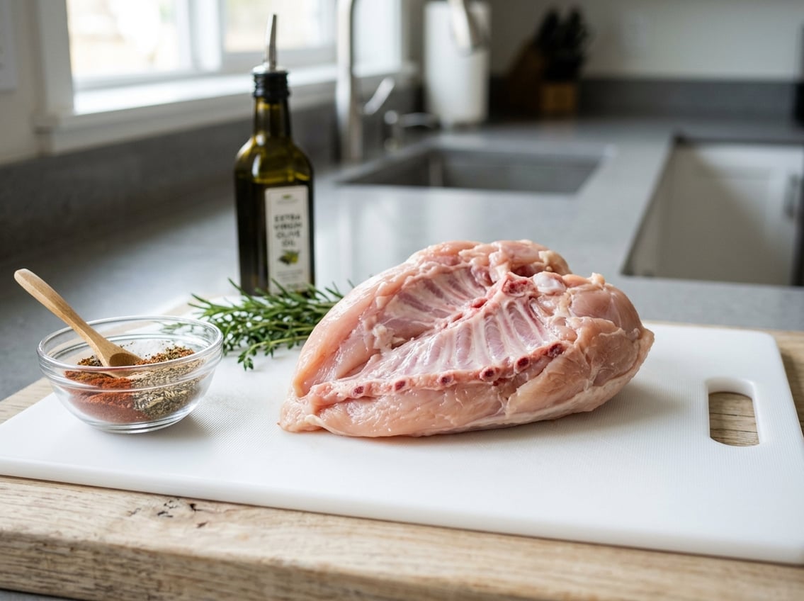 Close-up of raw chicken breast with ribs on a white cutting board with herbs and spices in a kitchen.