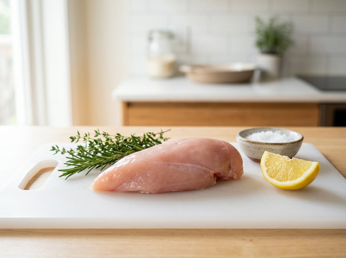 A raw chicken breast on a white cutting board with herbs and a lemon wedge in a kitchen.