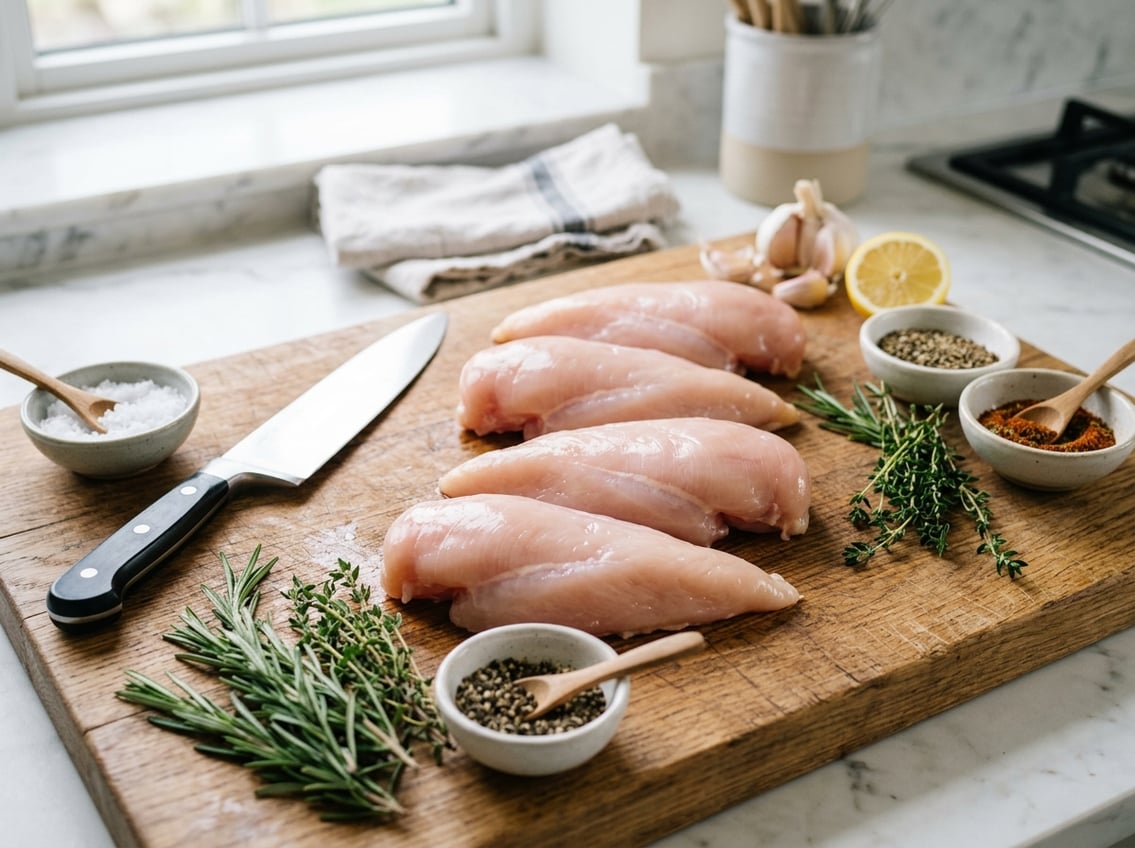 Close-up of raw chicken breasts on a wooden cutting board with herbs, spices, and a chef's knife on a kitchen countertop.