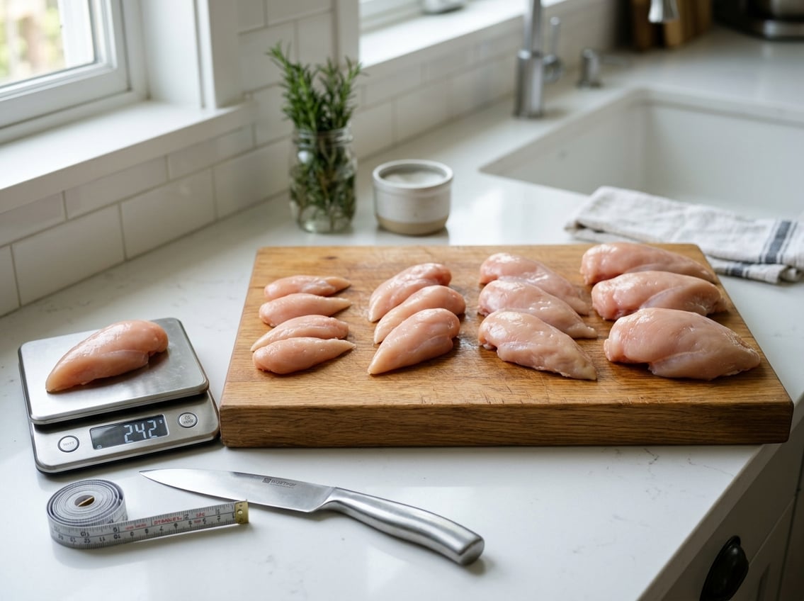 A kitchen countertop with various sizes of raw chicken breasts on a wooden cutting board alongside a digital scale and kitchen utensils.