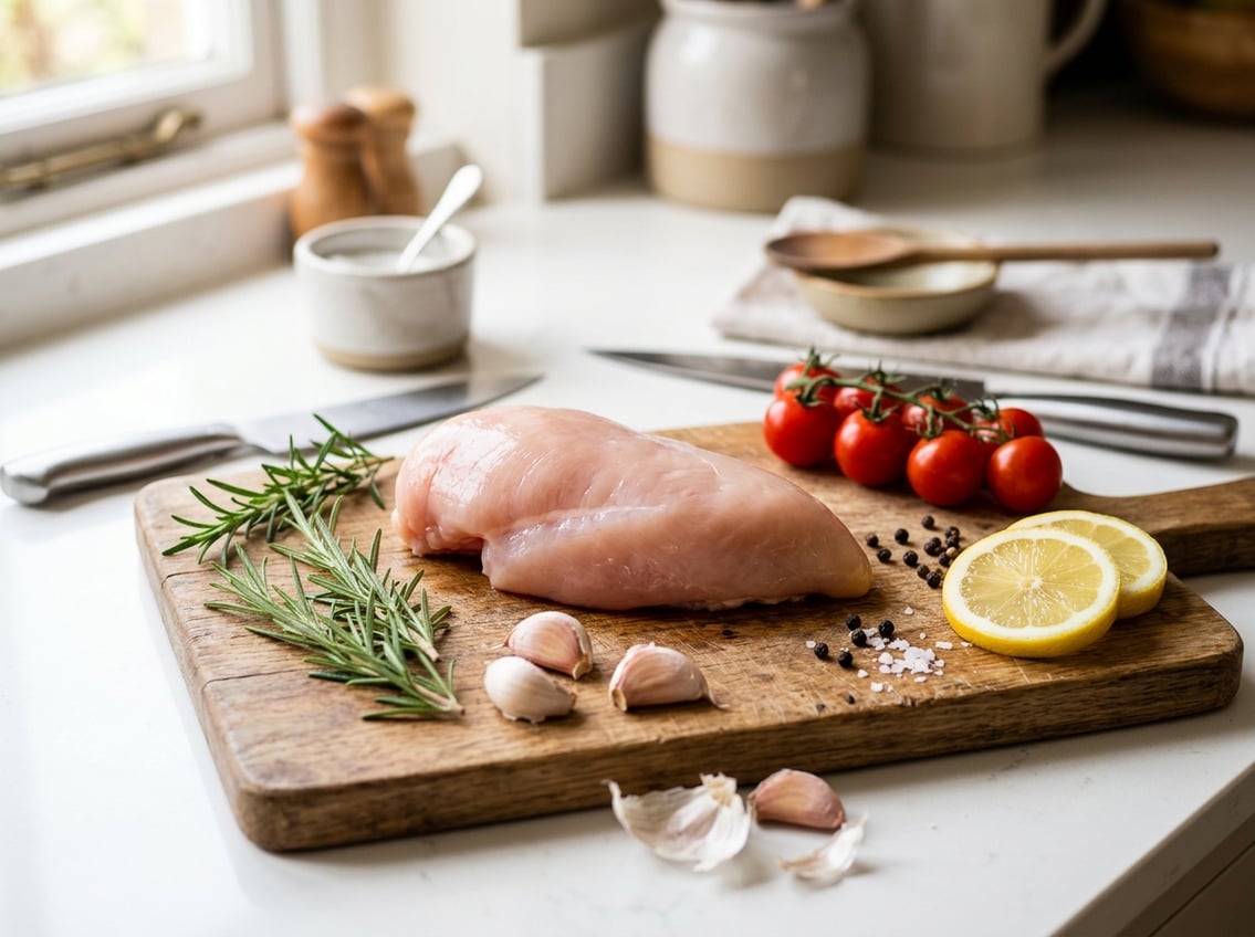 A raw chicken breast on a wooden cutting board surrounded by fresh herbs, garlic, tomatoes, and lemon slices in a bright kitchen.