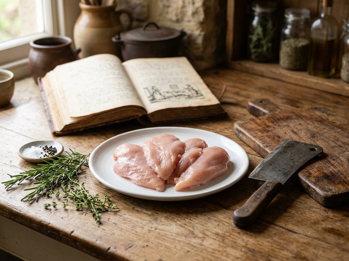 Close-up of raw chicken breast pieces on a white plate with fresh herbs, vintage cooking tools, and an open old book in the background.