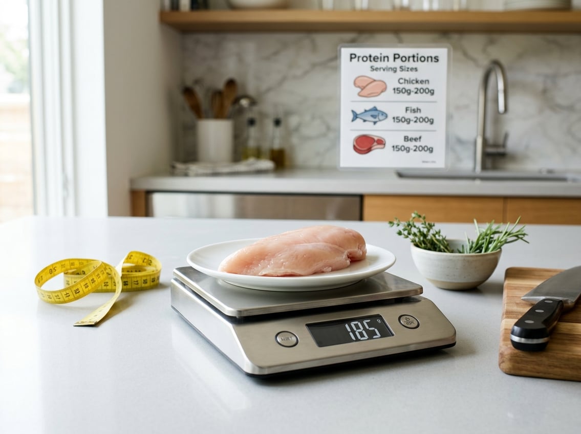 A close-up of a raw chicken breast on a digital kitchen scale in a modern kitchen setting.