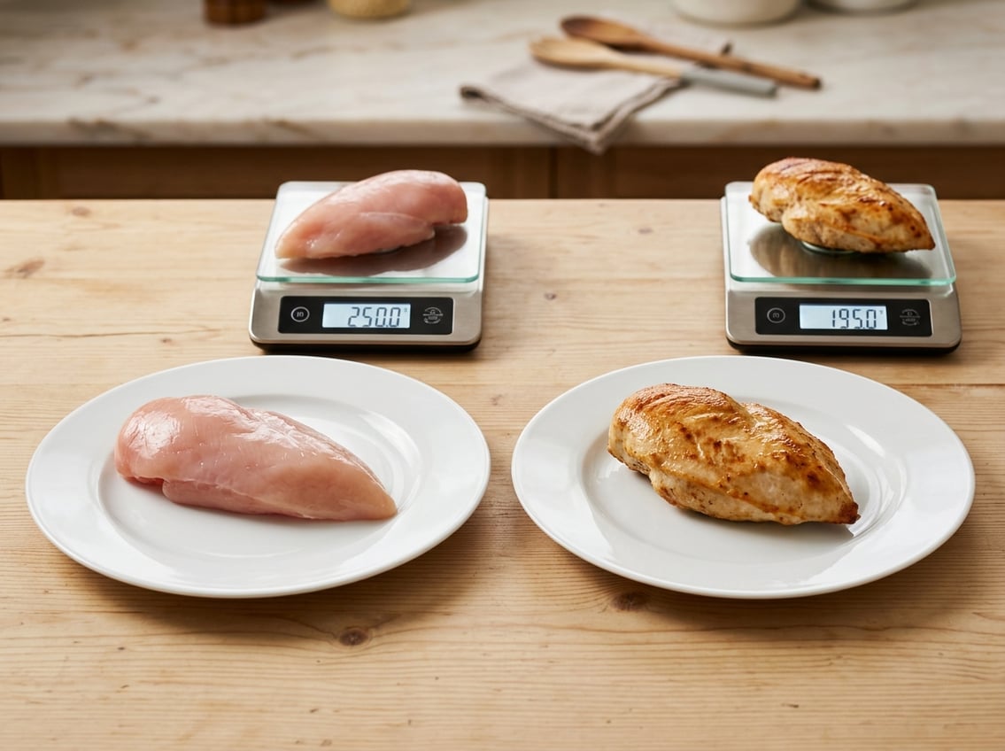 Two plates on a wooden table, one with raw chicken breast and one with cooked chicken breast, each next to a kitchen scale showing weight differences.