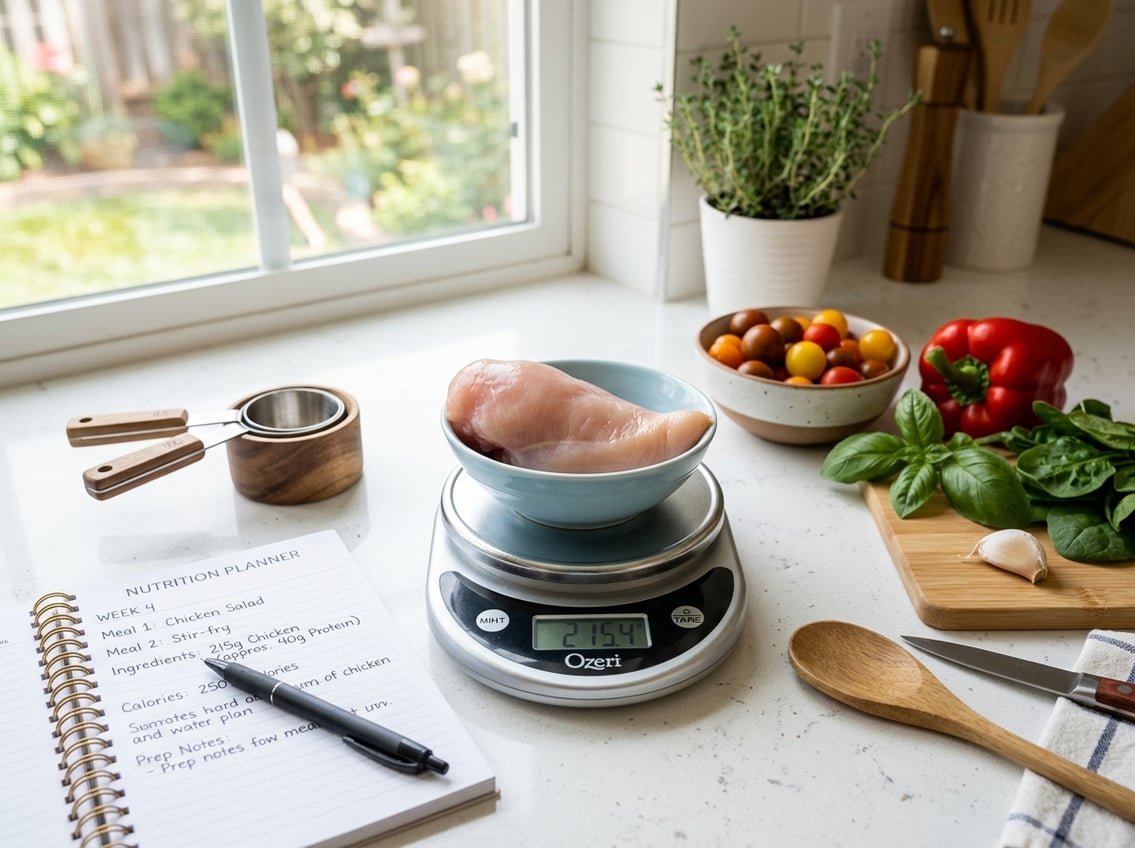 A raw chicken breast on a digital kitchen scale with measuring tools and a nutrition planner notebook on a kitchen countertop.