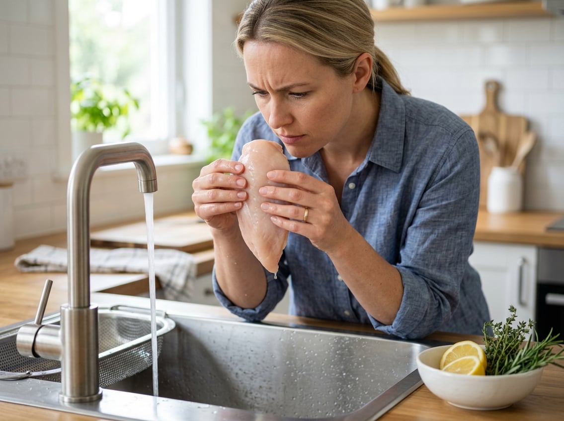 Hands holding a raw chicken breast over a kitchen sink while inspecting it closely.